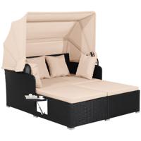 Rotan Ligstoel voor 2 Personen Tuinligstoel met Dak & Uitklapbare Zijtafels Tweepersoons Ligbed Loungebed voor Tuin Terras