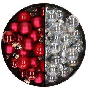 Mini kerstballen - 48x st - transparant parelmoer en rood - 2,5 cm - glas