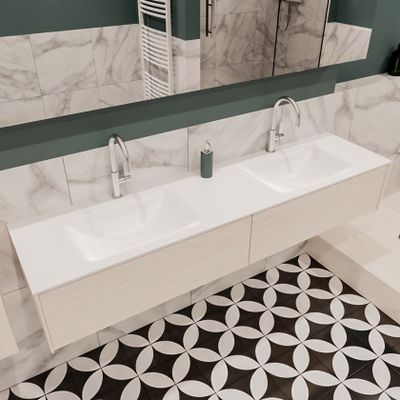 Mondiaz Lush Cloud badmeubel underlayment 180 cm 2 lades solid surface dubbele spoelbak 2 kraangaten
