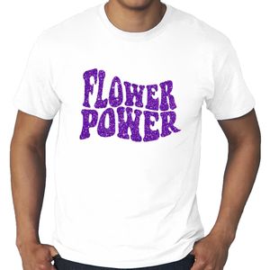 Grote Maten Flower Power t-shirt wit met paarse letters heren