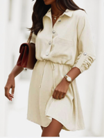 Women's Long Sleeve Spring/Fall Khaki Plain Buckle Shirt Collar Daily Casual Short Dress - thumbnail