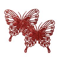 Decoris kerstboom vlinders op clip - 2x stuks -rood - 13 cm - glitter - Kersthangers