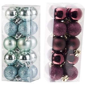 Kleine kunststof kerstversiering 40x stuks set en 3 cm kerstballen in het aubergine en mintgroen