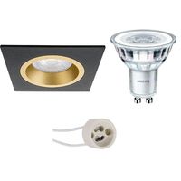 LED Spot Set - Pragmi Rodos Pro - GU10 Fitting - Inbouw Vierkant - Mat Zwart/Goud - 93mm - Philips - CorePro 830 36D - 3W - Warm Wit 3000K - Dimbaar