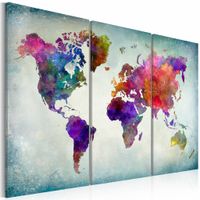 Schilderij - Wereldkaart - Wereld in Kleuren, 3luik , multikleur , wanddecoratie , premium print op canvas - thumbnail