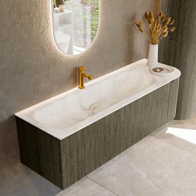 Badmeubel Mondiaz Kurve-Dlux | 145 cm cm | Meubelkleur Shadow | Wastafelkleur Frappe | Solid surface | Wasbak links zijde spoelbak | 1 kraangat