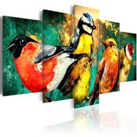 Schilderij - Kleurrijke  bijeenkomst van Vogels , 5 luik