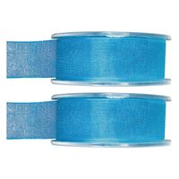 2x Turquoise organzalint rollen 2,5 cm x 20 meter cadeaulint verpakkingsmateriaal - Cadeaulinten