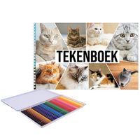 A4 formaat katten schetsboek/ tekenboek/ kleurboek/ schetsblok wit papier met 36x kleurpotloden - Schetsboeken - thumbnail