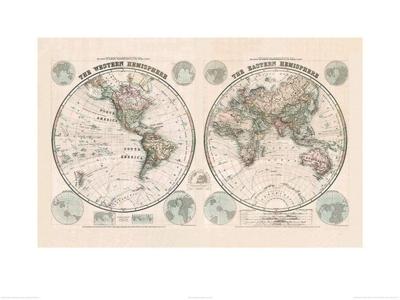 Kunstdruk Stanfords - Eastern and Western Hemispheres Map 1877 60x80cm Kunstdruk Stanfords - Eastern and Western Hemispheres Map 1877 60x80cm