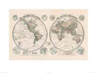 Kunstdruk Stanfords - Eastern and Western Hemispheres Map 1877 60x80cm