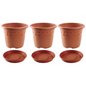 3x stuks bloempotten met onderschaal terra cotta rond diameter 29 cm