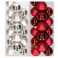 32x stuks kunststof kerstballen mix van zilver en donkerrood 4 cm   - - thumbnail