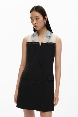 Overslagjurk van twee materialen - BLACK - L