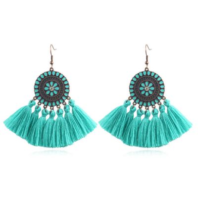 Bohemian Ibiza oorbellen hangers met katoenen kwastjes kleur turquoise