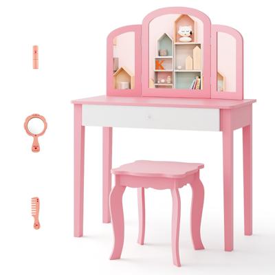 Kaptafel en Krukje Set voor Kinderen met Lade 3-Delige Opvouwbare Spiegel Accessoires Houten Speel Ijdelheid Set Roze