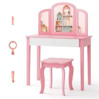 Kaptafel en Krukje Set voor Kinderen met Lade 3-Delige Opvouwbare Spiegel Accessoires Houten Speel Ijdelheid Set Roze