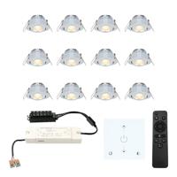 Set van 12 Granada LED Mini Inbouwspots met trafo en muurdimmer - 12 Volt 3 Watt 200 lumen - Kantelbaar - Plat 30mm - 2700K - IP44 waterdicht - RVS