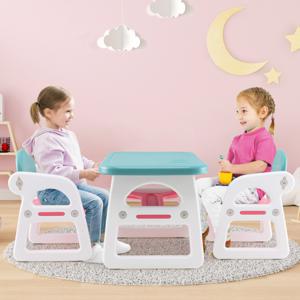 3-Delige Kinderzitgroep Kindertafel met 2 Stoelen Bureauset met Opbergvak Kindermeubels met Rek voor 1-5 Jaar (Blauw en Roze)