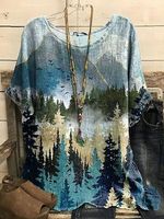 Crew Neck Casual Landscape Print Top