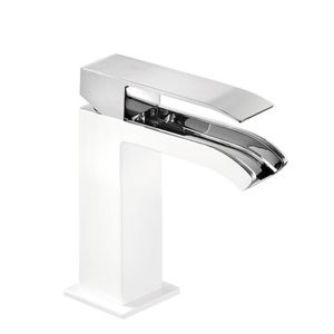 Wastafelmengkraan Tres Cuadro Exclusive 1-Hendel Uitloop Gebogen 17 cm met Open Waterval Vierkant Chroom Wit Tres