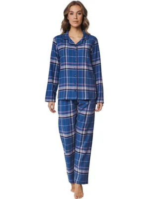 Dames Pyjama Flanel met knoopsluiting - Blauw
