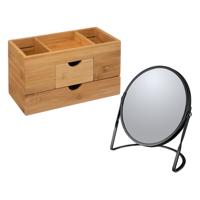 Make-up organizer en spiegel set - lades/vakjes - bamboe/metaal - 5x zoom spiegel