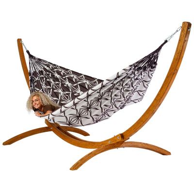Familie hangmat met houten standaard - 400x180cm - Bruin - 200kg draagkracht- 100% katoen - binnen & buiten