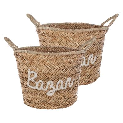Opbergmand Bazar - 2x - rond - riet - naturel - 40 x 36 cm - opvouwbaar - decoratie mand