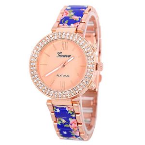 Geneva Platinum horloge Flower Diamonds Rose Blue