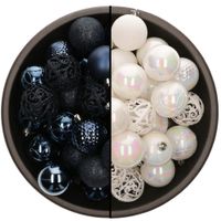 74x stuks kunststof kerstballen mix van donkerblauw en parelmoer wit 6 cm