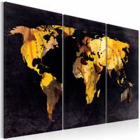 Schilderij - Wereldkaart - De Wereld als Woestijn, Zwart/Goud, 3luik , premium print op canvas - thumbnail