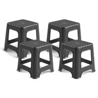 Plasticforte zit/bijzet krukje - 4x - Rotan line - zwart - kunststof - 32 x 32 x 33 cm - kinder kruk