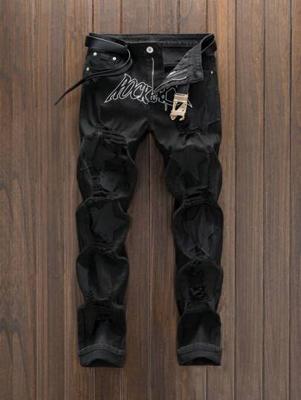 Bon&Bon Men's Black Straight Leg Ripped Jeans - Star Embroidery Denim Black / 38