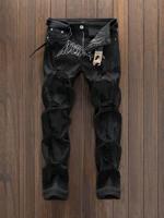 Bon&Bon Men's Black Straight Leg Ripped Jeans - Star Embroidery Denim Black / 38