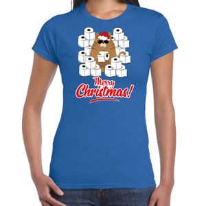 Fout Kerst t-shirt / outfit met hamsterende kat Merry Christmas blauw voor dames