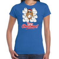 Fout Kerst t-shirt / outfit met hamsterende kat Merry Christmas blauw voor dames - thumbnail