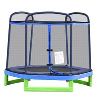 HOMCOM kindertrampoline met veiligheidsnet indoortrampoline fitnesstrampoline voor 3-12 jaar kinderen tot 80 kg staal blauw + groen 215 x 200 x 190 - thumbnail