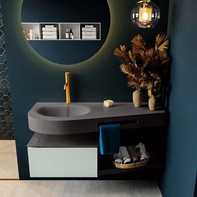 MONDIAZ RIVA 120cm badmeubel onderkast / planchet kleur Greey met 1 lade. Wastafel DULCET links 1 kraangat kleur Dark_Grey.