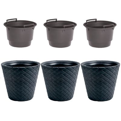 3x Kunststof Matuba rotan bloempotten/plantenpotten antraciet 40 cm inclusief binnenpot