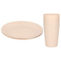 Setje van 8x diner/ontbijt bekers/bordjes van afbreekbaar bio-plastic in het eco-beige