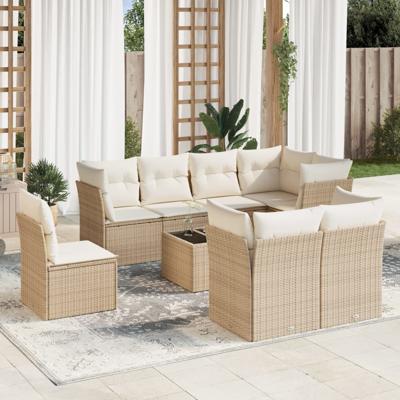 9-delige Loungeset met kussens poly rattan beige