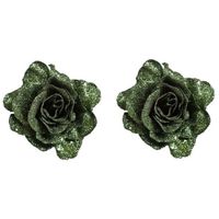 2x Kerstversiering groene glitter rozen op clip 10 cm - thumbnail