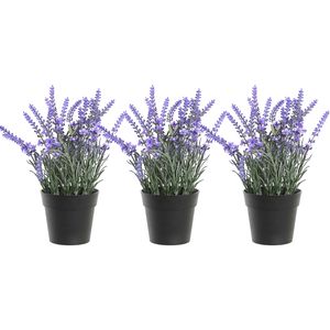 Lavendel bloemen kunstplant in bloempot - 3x - paarse bloemen - 15 x 27 cm