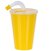 Drinkbeker met deksel en rietje - geel - kunststof - 450 ml - 12 x 9 cm