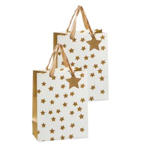 Set van 6x stuks papieren giftbags/cadeau tasjes goud met sterretjes 26 x 32 x 12 cm