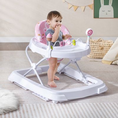 Opklapbare Loophulp voor Baby's Loopwagen 3-Traps in Hoogte Verstelbaar met Afneembaar Zitkussen Babywalker Loopvrij Baby Roze