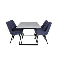 Estelle eethoek eetkamertafel marmer wit en 4 Velvet Deluxe eetkamerstal blauw, zwart.