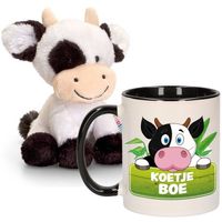Cadeau set kind - Koeien knuffel 14 cm en Drinkbeker/mok Koe 300 ml - Knuffel boederijdieren