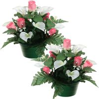 Kunstbloemen plantje in pot - 2x - wit/roze - 26 cm - Bloemstuk ornament - met bladgroen